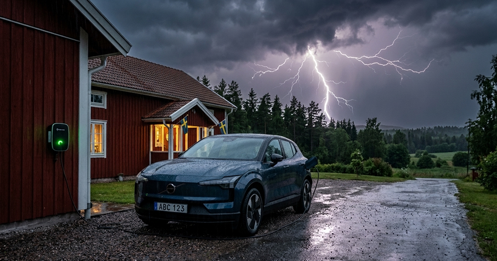Elbil som laddar under åskväder