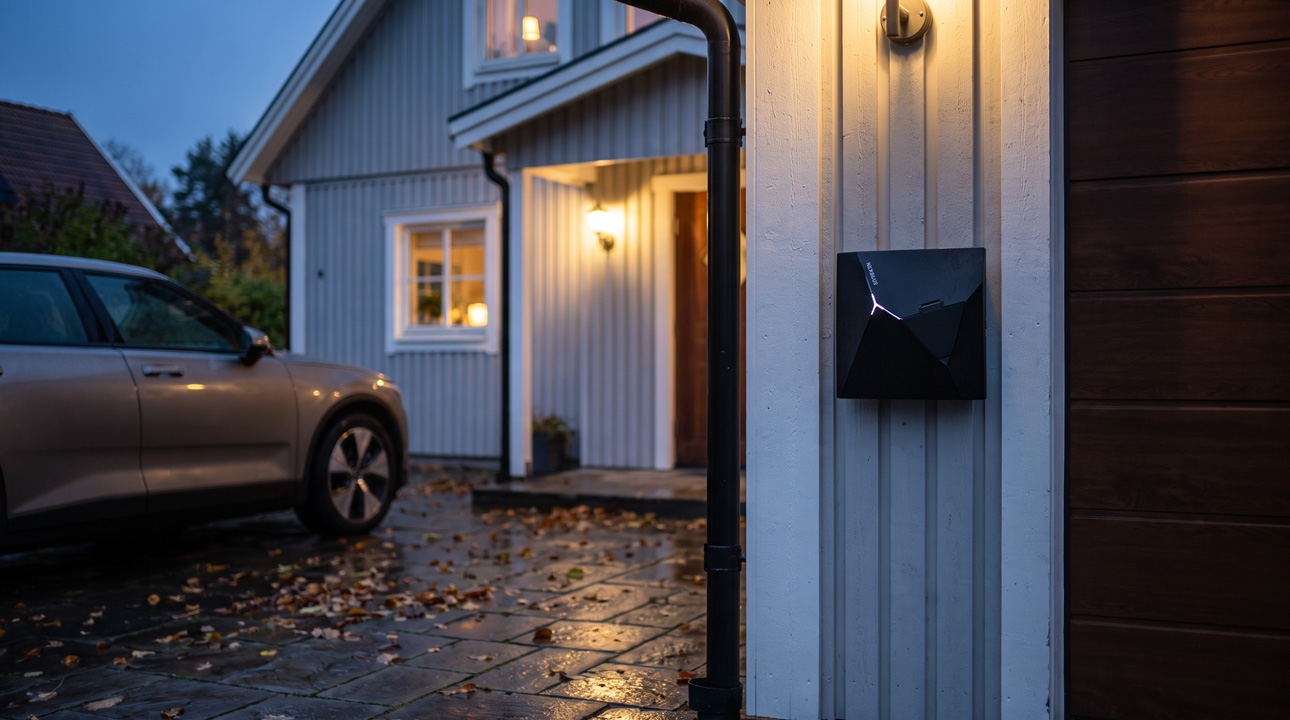NexBlue Edge 2 laddbox monterad på villans fasad vid garaget, med en elbil parkerad framför en regnig höstkväll.