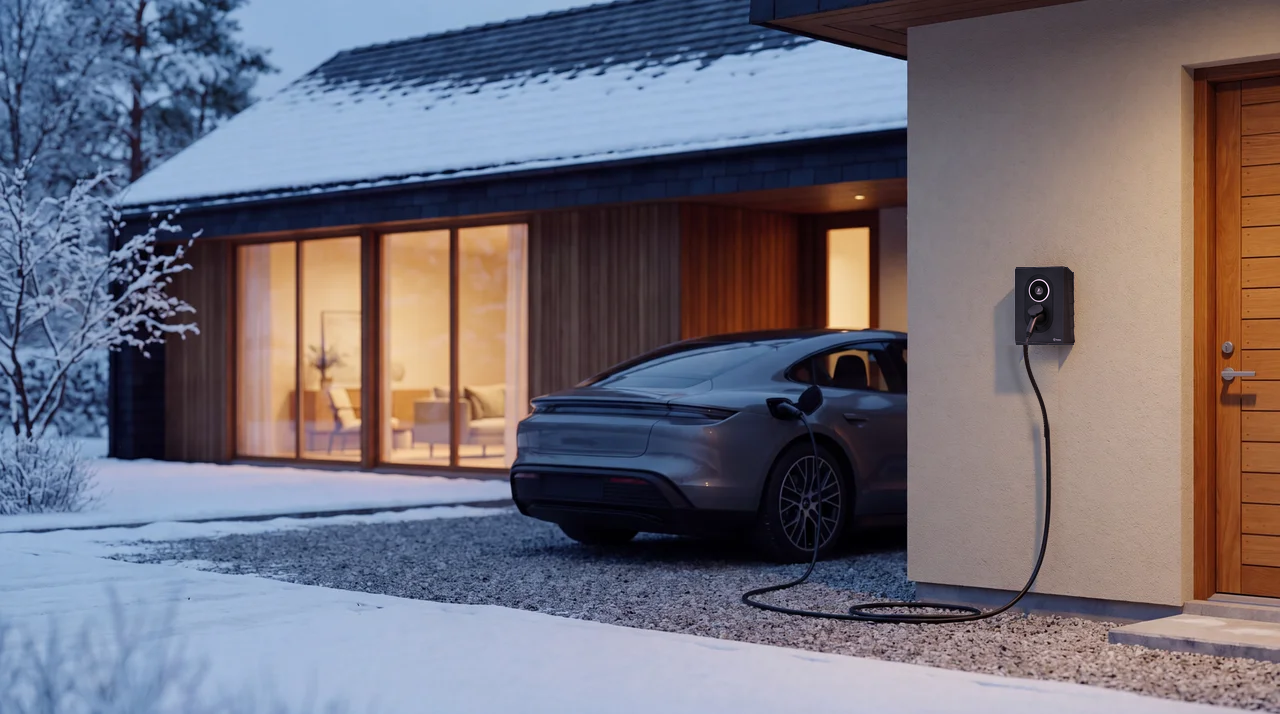 Elbil som laddas med en Zaptec Go 2-laddbox på fasaden till en villa en snöig vinterkväll.