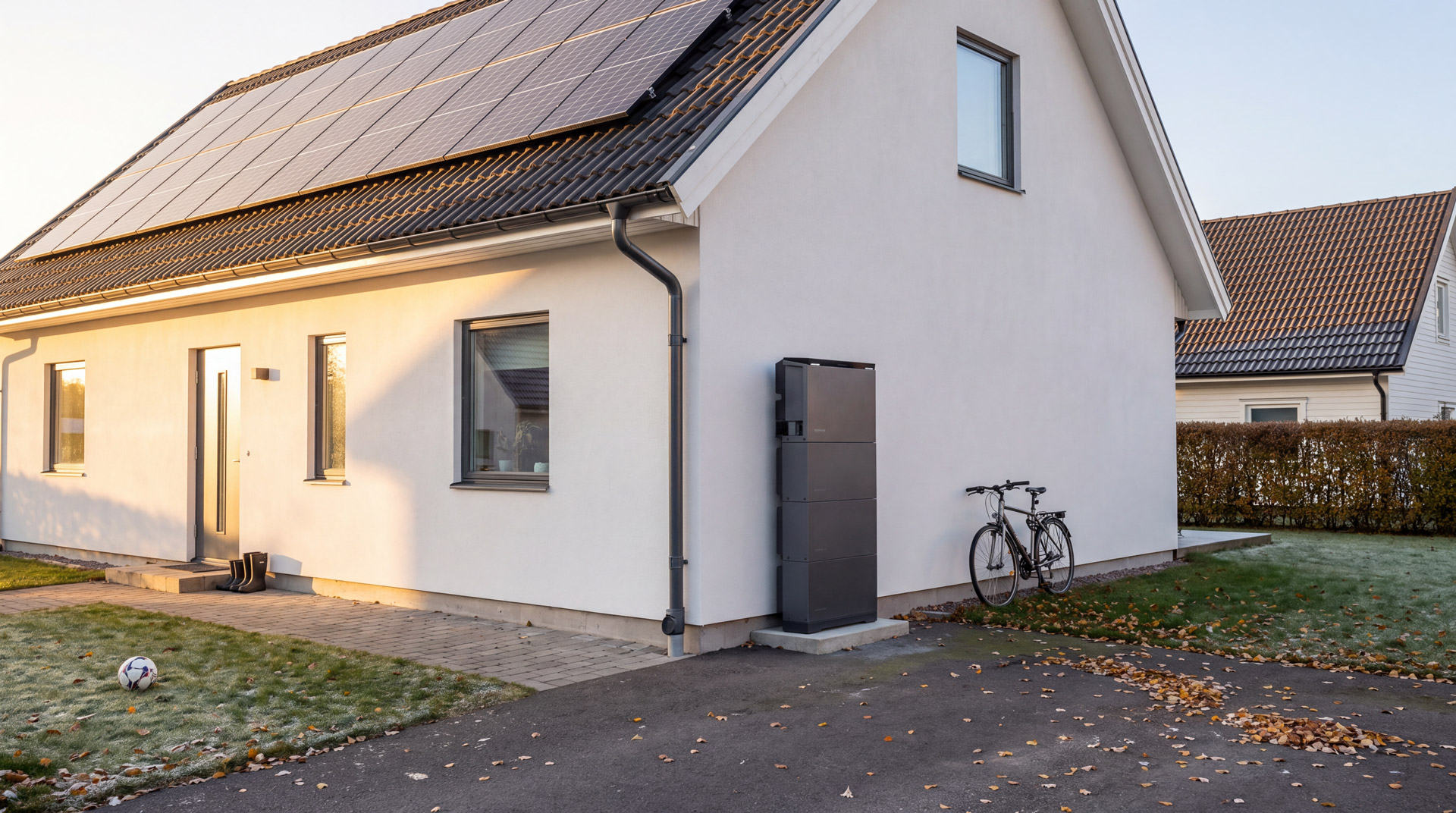 Solcellsbatteri installerat utomhus mot fasad på en svensk villa