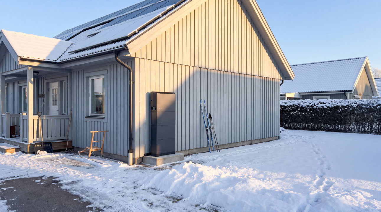 Solcellsbatteri installerat vid villa vinter