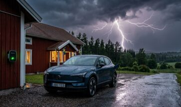 Elbil som laddar under åskväder